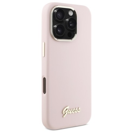 Husa pentru iPhone 16 Pro Max - Guess Silicone Script Metal Logo and Frame (GUHCP16XSMBSLP) - Light Pink