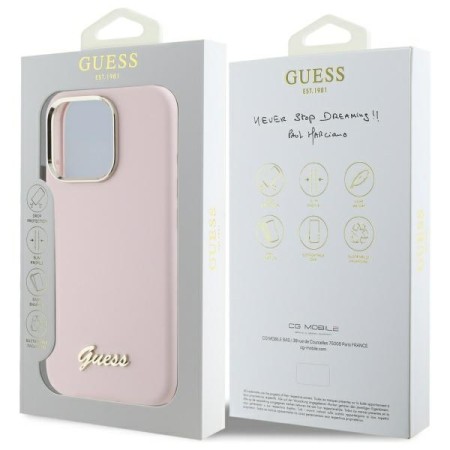 Husa pentru iPhone 16 Pro Max - Guess Silicone Script Metal Logo and Frame (GUHCP16XSMBSLP) - Light Pink