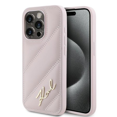 Husa pentru iPhone 15 Pro - Karl Lagerfeld Diagonal Quilted Script (KLHCP15LPQDSMGP) - Pink