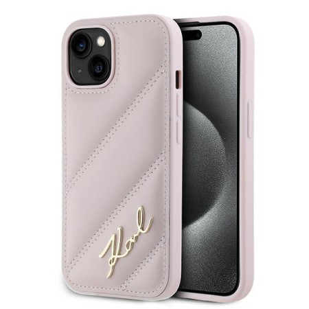 Husa pentru iPhone 15 / iPhone 14 / iPhone 13 - Karl Lagerfeld Diagonal Quilted Script (KLHCP15SPQDSMGP) - Pink