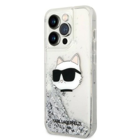 Husa pentru iPhone 14 Pro - Karl Lagerfeld Hardcase Glitter (KLHCP14LLNCHCS) - Silver Choupette Head