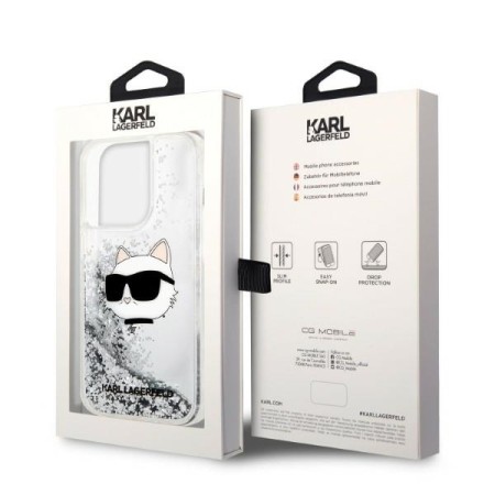 Husa pentru iPhone 14 Pro - Karl Lagerfeld Hardcase Glitter (KLHCP14LLNCHCS) - Silver Choupette Head