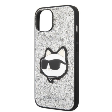 Husa pentru iPhone 15 Plus / iPhone 14 Plus - Karl Lagerfeld Hardcase Glitter (KLHCP14MG2CPS) - Silver Choupette Patch