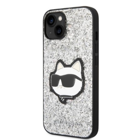 Husa pentru iPhone 15 Plus / iPhone 14 Plus - Karl Lagerfeld Hardcase Glitter (KLHCP14MG2CPS) - Silver Choupette Patch