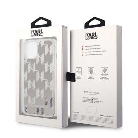 Husa pentru iPhone 15 Plus / iPhone 14 Plus - Karl Lagerfeld Hardcase Liquid Glitter (KLHCP14MLMNMS) - Silver Monogram