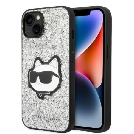 Husa pentru iPhone 15 / iPhone 14 / iPhone 13 - Karl Lagerfeld Hardcase Glitter (KLHCP14SG2CPS) - Silver Choupette Patch