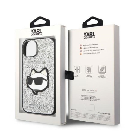 Husa pentru iPhone 15 / iPhone 14 / iPhone 13 - Karl Lagerfeld Hardcase Glitter (KLHCP14SG2CPS) - Silver Choupette Patch