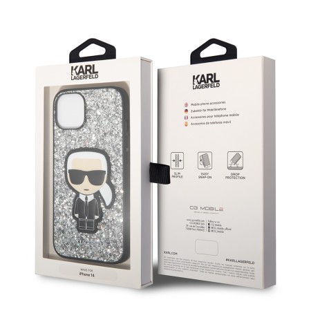 Husa pentru iPhone 15 / iPhone 14 / iPhone 13 - Karl Lagerfeld Hardcase Glitter (KLHCP14SGFKPG) - Silver Flakes Ikonik