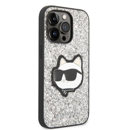 Husa pentru iPhone 14 Pro Max - Karl Lagerfeld Hardcase Glitter (KLHCP14XG2CPS) - Silver Choupette Patch