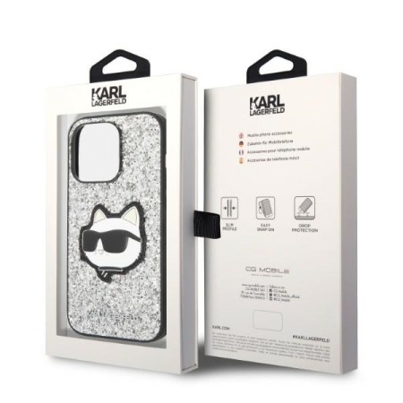 Husa pentru iPhone 14 Pro Max - Karl Lagerfeld Hardcase Glitter (KLHCP14XG2CPS) - Silver Choupette Patch