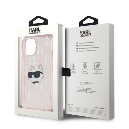 Husa pentru iPhone 15 / iPhone 14 / iPhone 13 - Karl Lagerfeld IML Luxury (KLHCP14SHKLPCHP) - Pink Choupette HeadandMonogram