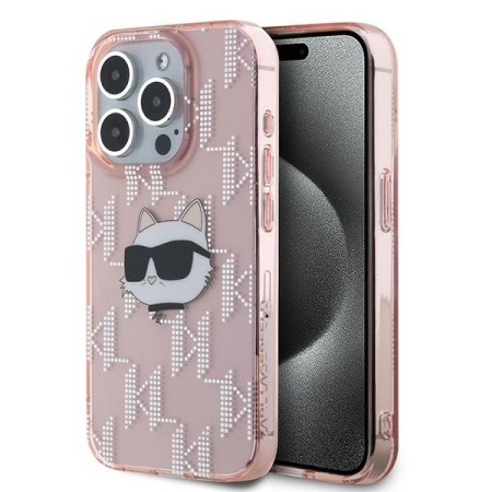 Husa pentru iPhone 15 Pro - Karl Lagerfeld IML Luxury (KLHCP15LHKLPCHP) - Pink Choupette HeadandMonogram