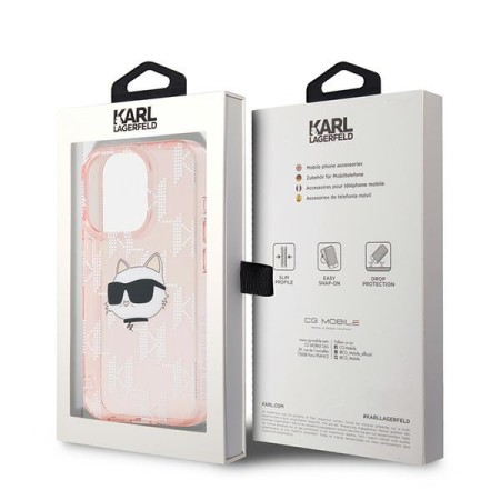 Husa pentru iPhone 15 Pro - Karl Lagerfeld IML Luxury (KLHCP15LHKLPCHP) - Pink Choupette HeadandMonogram