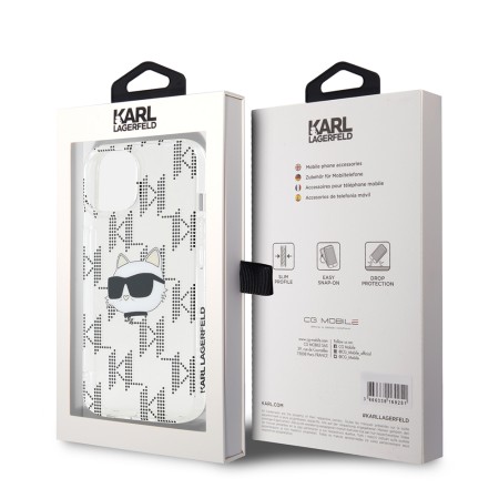 Husa pentru iPhone 15 / iPhone 14 / iPhone 13 - Karl Lagerfeld IML Luxury (KLHCP15SHKLPCHT) - Transparent Choupette HeadandMonogram