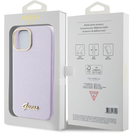 Husa pentru iPhone 15 / iPhone 14 / iPhone 13 - Guess Glitter Glossy Script (GUHCP15SPGMCSL) - Light Purple