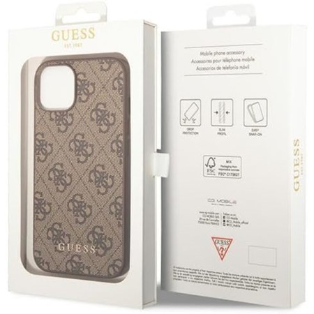 Husa pentru iPhone 15 Plus / iPhone 14 Plus - Guess Hardcase 4G Metal Gold Logo (GUHCP15MG4GFBR) - Brown