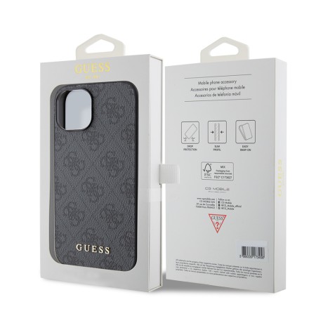 Husa pentru iPhone 15 Plus / iPhone 14 Plus - Guess Hardcase 4G Metal Gold Logo (GUHCP15MG4GFGR) - Grey