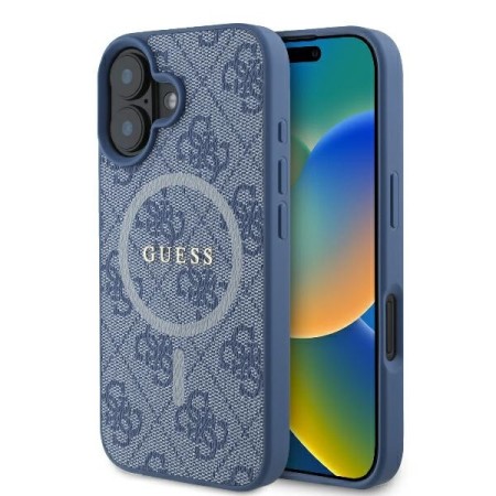 Husa pentru iPhone 16 Plus - Guess 4G Ring Classic Logo MagSafe (GUHMP16MG4GFRB) - Blue