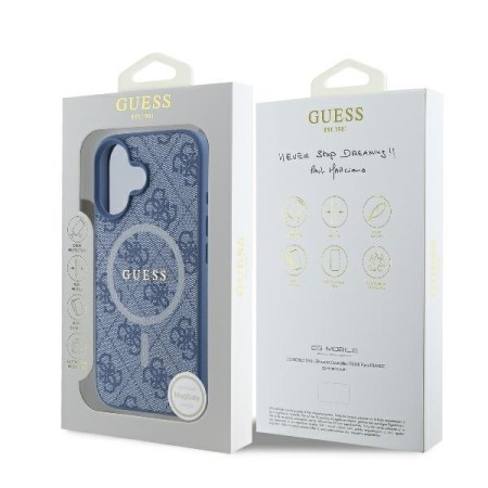 Husa pentru iPhone 16 Plus - Guess 4G Ring Classic Logo MagSafe (GUHMP16MG4GFRB) - Blue