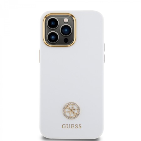 Husa pentru iPhone 15 Pro Max - Guess Silicone Logo Strass 4G (GUHCP15XM4DGPH) - White