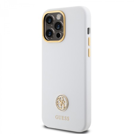 Husa pentru iPhone 15 Pro Max - Guess Silicone Logo Strass 4G (GUHCP15XM4DGPH) - White