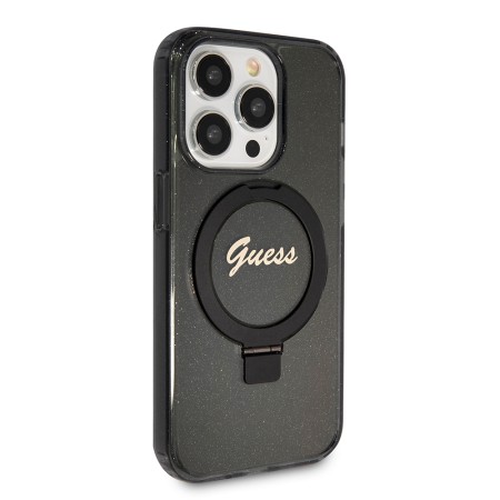 Husa pentru iPhone 15 Pro Max - Guess Ring Stand Script Glitter MagSafe (GUHMP15XHRSGSK) - Black