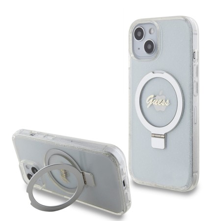 Husa pentru iPhone 15 / iPhone 14 / iPhone 13 - Guess Ring Stand Script Glitter MagSafe (GUHMP15SHRSGSD) - Clear