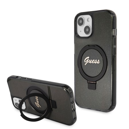 Husa pentru iPhone 15 / iPhone 14 / iPhone 13 - Guess Ring Stand Script Glitter MagSafe (GUHMP15SHRSGSK) - Black