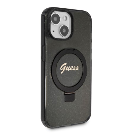 Husa pentru iPhone 15 / iPhone 14 / iPhone 13 - Guess Ring Stand Script Glitter MagSafe (GUHMP15SHRSGSK) - Black