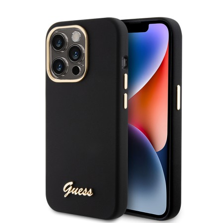 Husa pentru iPhone 15 Pro - Guess Silicone Script Metal Logo and Frame (GUHCP15LSMBSLK) - Black