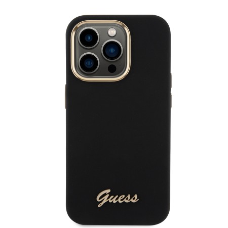 Husa pentru iPhone 15 Pro - Guess Silicone Script Metal Logo and Frame (GUHCP15LSMBSLK) - Black