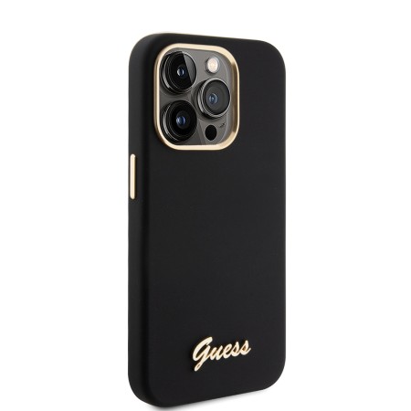 Husa pentru iPhone 15 Pro - Guess Silicone Script Metal Logo and Frame (GUHCP15LSMBSLK) - Black