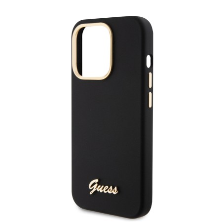 Husa pentru iPhone 15 Pro - Guess Silicone Script Metal Logo and Frame (GUHCP15LSMBSLK) - Black