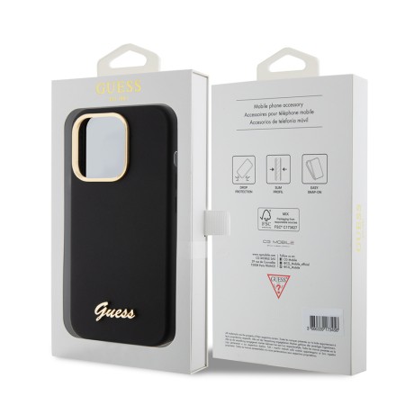 Husa pentru iPhone 15 Pro - Guess Silicone Script Metal Logo and Frame (GUHCP15LSMBSLK) - Black