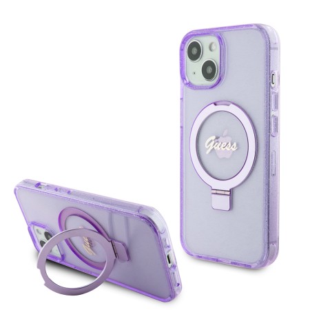 Husa pentru iPhone 15 / iPhone 14 / iPhone 13 - Guess Ring Stand Script Glitter MagSafe (GUHMP15SHRSGSU) - Purple