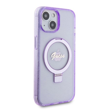 Husa pentru iPhone 15 / iPhone 14 / iPhone 13 - Guess Ring Stand Script Glitter MagSafe (GUHMP15SHRSGSU) - Purple