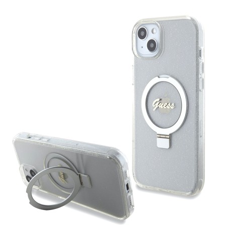 Husa pentru iPhone 15 Plus / iPhone 14 Plus - Guess Ring Stand Script Glitter MagSafe (GUHMP15MHRSGSD) - Clear