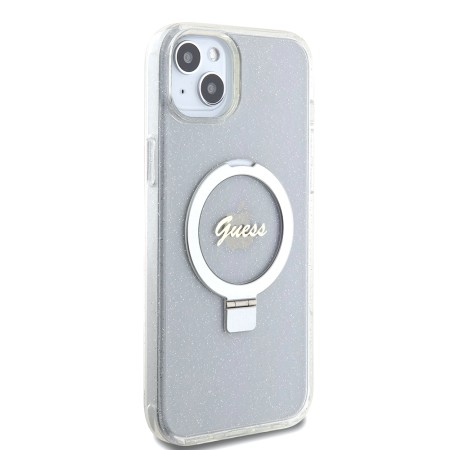 Husa pentru iPhone 15 Plus / iPhone 14 Plus - Guess Ring Stand Script Glitter MagSafe (GUHMP15MHRSGSD) - Clear