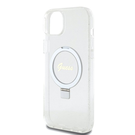 Husa pentru iPhone 15 Plus / iPhone 14 Plus - Guess Ring Stand Script Glitter MagSafe (GUHMP15MHRSGSD) - Clear