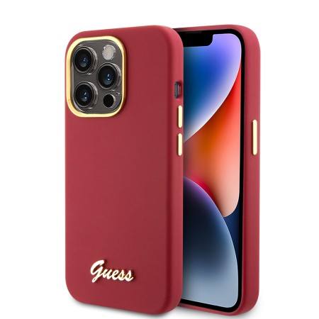 Husa pentru iPhone 15 Pro - Guess Silicone Script Metal Logo and Frame (GUHCP15LSMBSLM) - Red