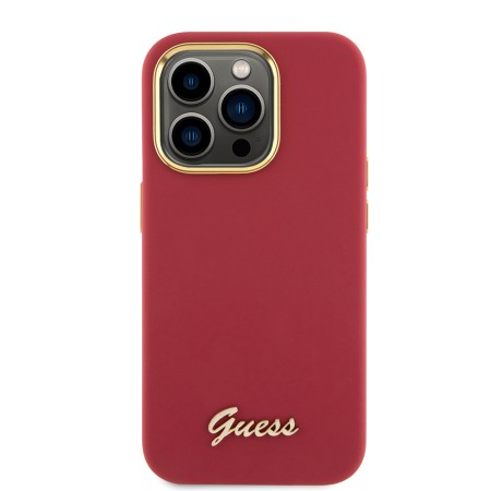 Husa pentru iPhone 15 Pro - Guess Silicone Script Metal Logo and Frame (GUHCP15LSMBSLM) - Red