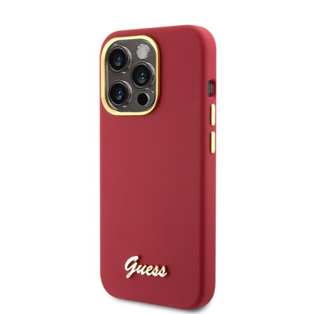 Husa pentru iPhone 15 Pro - Guess Silicone Script Metal Logo and Frame (GUHCP15LSMBSLM) - Red