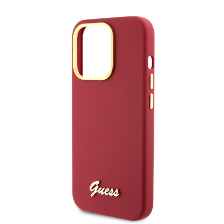 Husa pentru iPhone 15 Pro - Guess Silicone Script Metal Logo and Frame (GUHCP15LSMBSLM) - Red