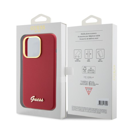 Husa pentru iPhone 15 Pro - Guess Silicone Script Metal Logo and Frame (GUHCP15LSMBSLM) - Red