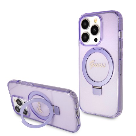 Husa pentru iPhone 15 Pro - Guess Ring Stand Script Glitter MagSafe (GUHMP15LHRSGSU) - Purple