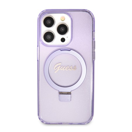 Husa pentru iPhone 15 Pro - Guess Ring Stand Script Glitter MagSafe (GUHMP15LHRSGSU) - Purple