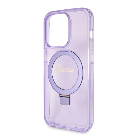 Husa pentru iPhone 15 Pro - Guess Ring Stand Script Glitter MagSafe (GUHMP15LHRSGSU) - Purple