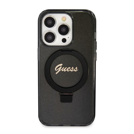 Husa pentru iPhone 15 Pro - Guess Ring Stand Script Glitter MagSafe (GUHMP15LHRSGSK) - Black