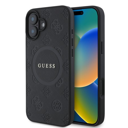 Husa pentru iPhone 16 - Guess Saffiano Peony Classic Logo MagSafe (GUHMP16SPSAPSMEK) - Black