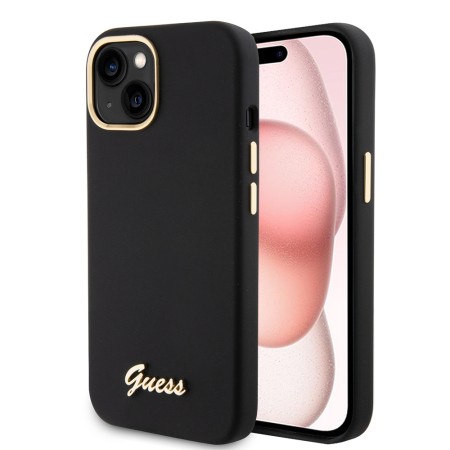 Husa pentru iPhone 15 / iPhone 14 / iPhone 13 - Guess Silicone Script Metal Logo and Frame (GUHCP15SSMBSLK) - Black